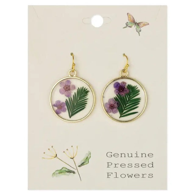 Purple Posey Round Gold Dried Flower Earrings