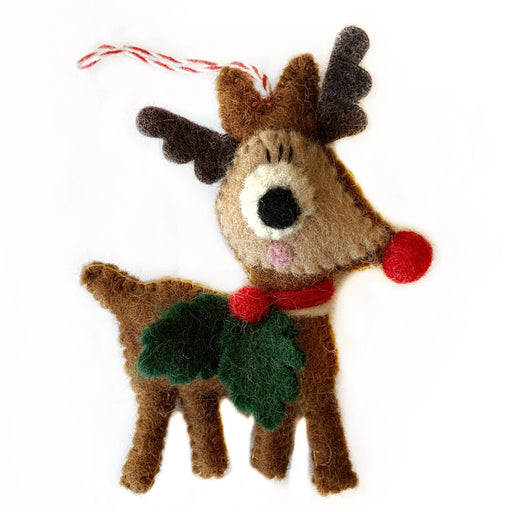 Reindeer with Holly Felt Wool Christmas Ornament