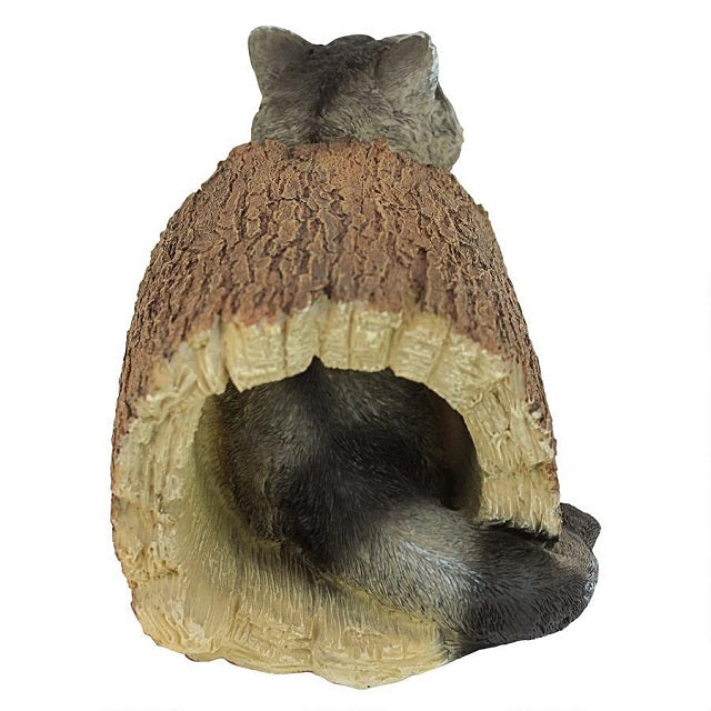 Bandit Raccoon in a Log Statue