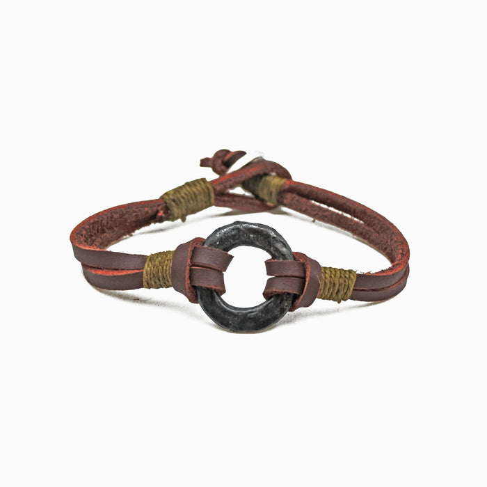 Aadi Pewter Disc with Brown Leather Men's Bracelet B8019