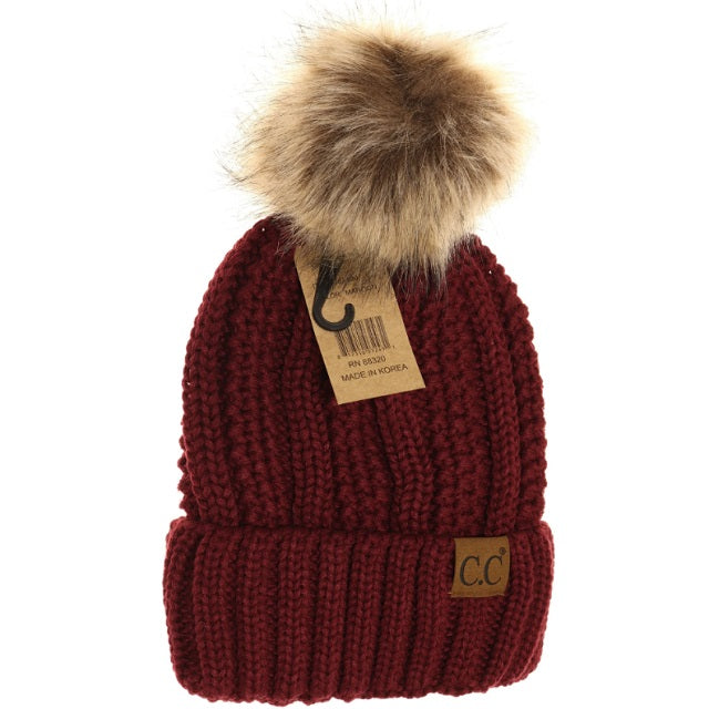 Adult Solid Fuzzy Lined Fur Pom Beanie, Assorted Colors