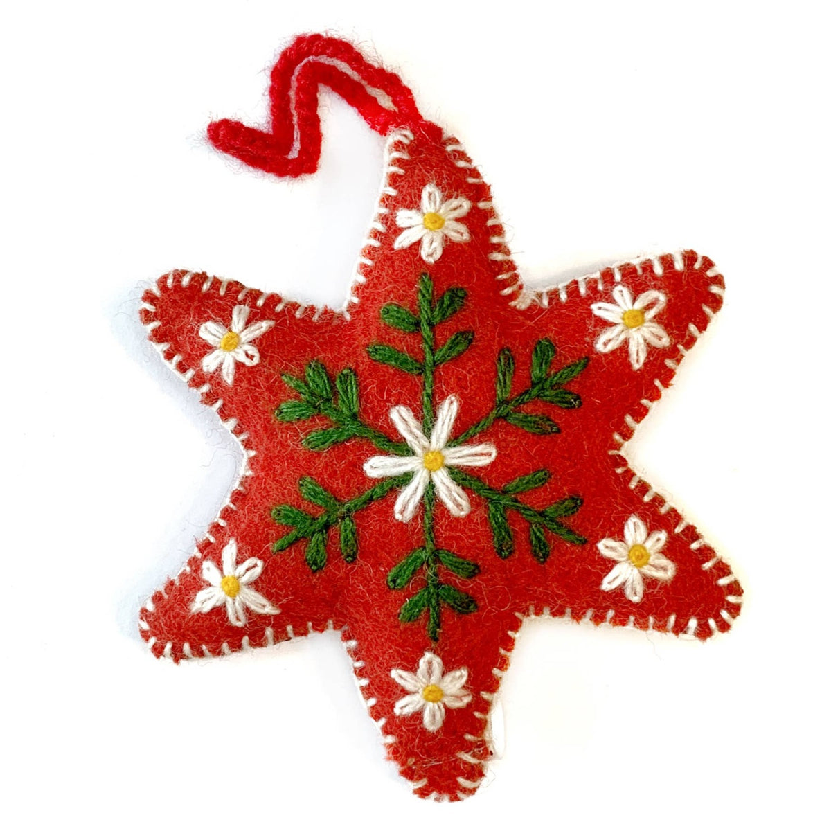 Red Six Pointed Star Embroidered Wool Ornament — Ellington Agway