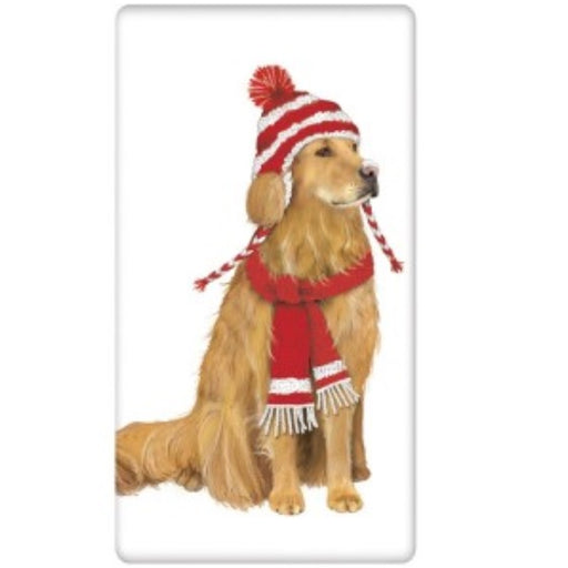 Holiday Golden Retriever with Hat & Scarf Printed Tea Towel