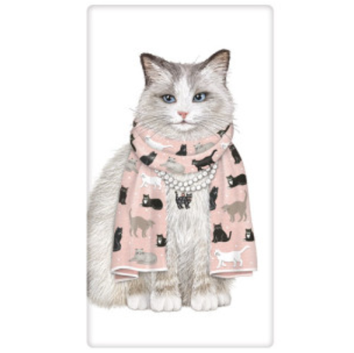 Pink Scarf Cat Bagged Flour Sack Towel