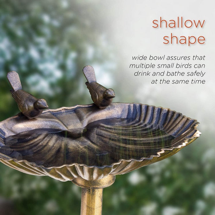 Vintage Bronze Poly Birdbath, Shell-Shaped with Bird Accent