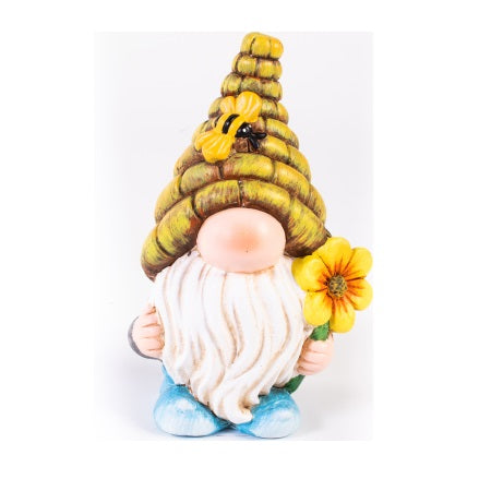 Gnome Statue w/ Beehive Hat & Yellow Flower - 9" Tall