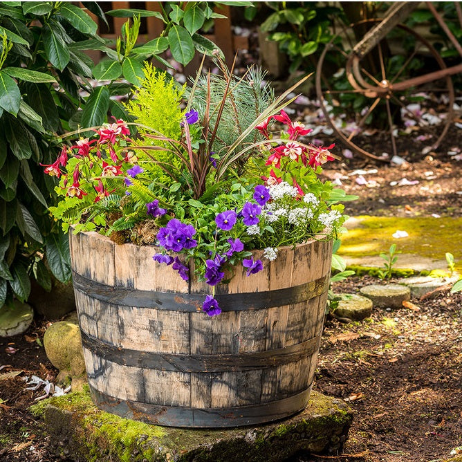 self watering whiskey barrel planter Half Whiskey Barrel Planter — Ellington Agway